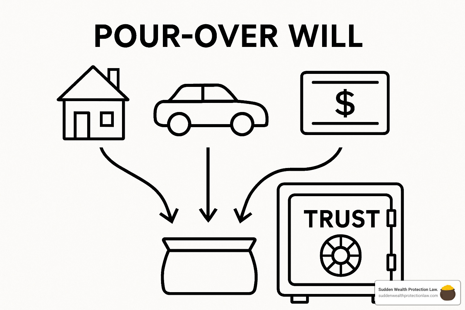 Pour-over will concept showing assets flowing into trust - how to start a trust fund Pour-over will concept showing assets flowing into trust - how to start a trust fund
