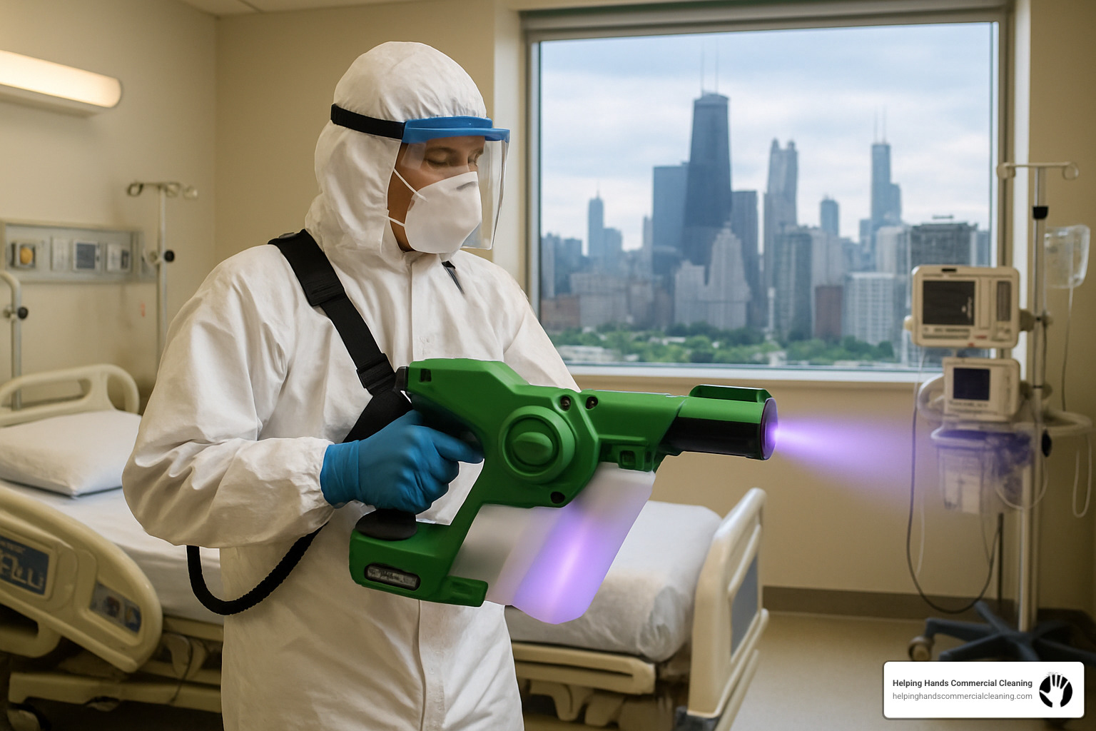 Cleaning technician using advanced disinfection equipment in a Chicago medical facility - janitorial services chicago