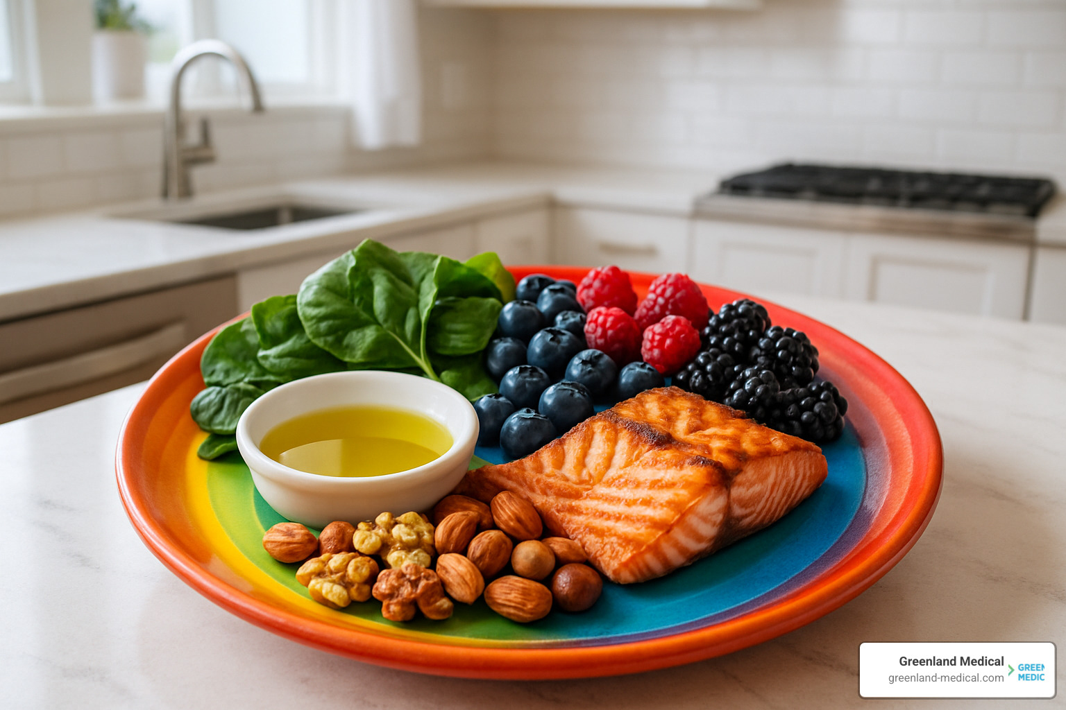 Rainbow plate of brain-healthy foods including leafy greens, berries, fish, nuts, and olive oil - Functional Medicine for Alzheimer's Rainbow plate of brain-healthy foods including leafy greens, berries, fish, nuts, and olive oil - Functional Medicine for Alzheimer's