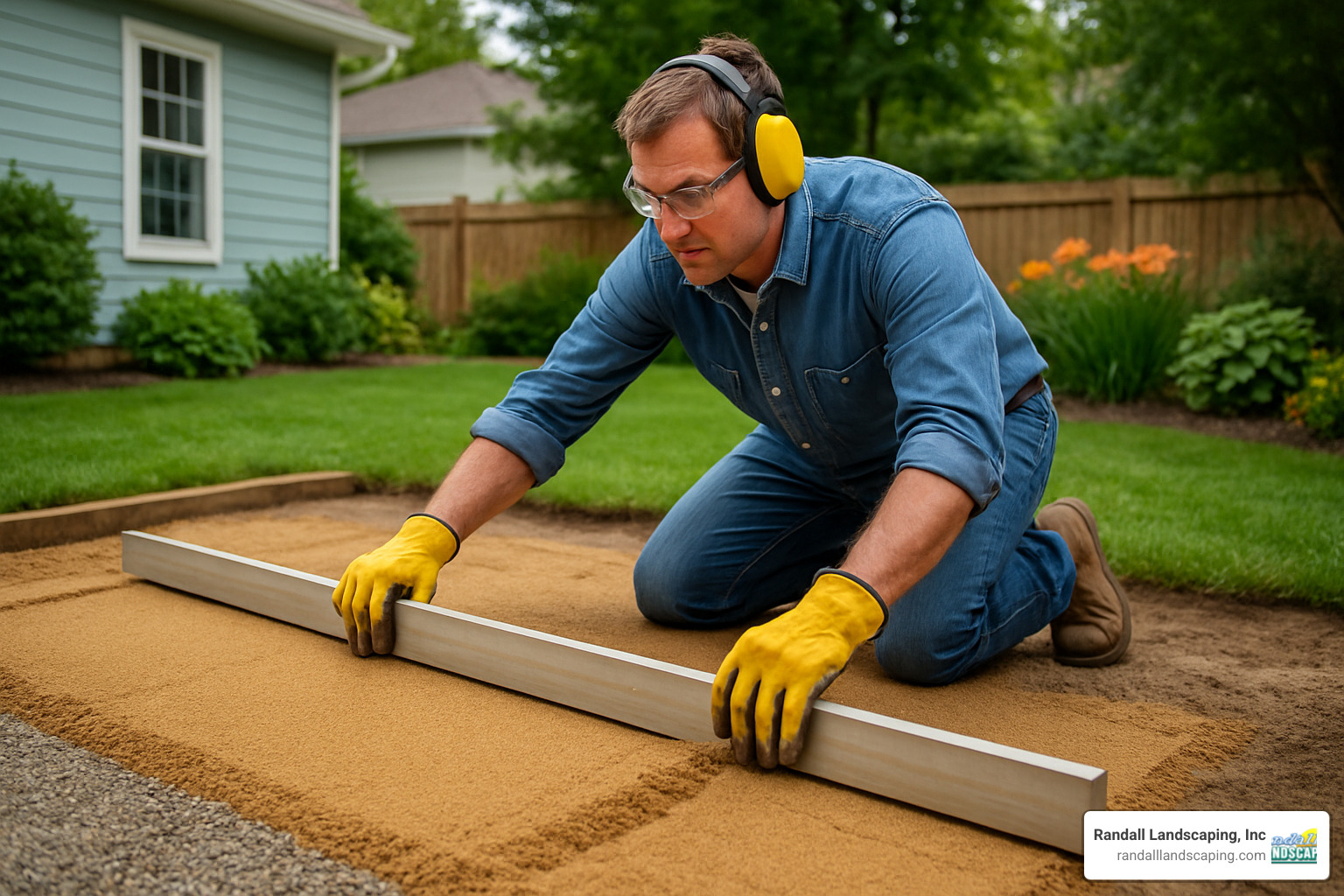 Person screeding sand over base layer during patio construction - Backyard patio construction
