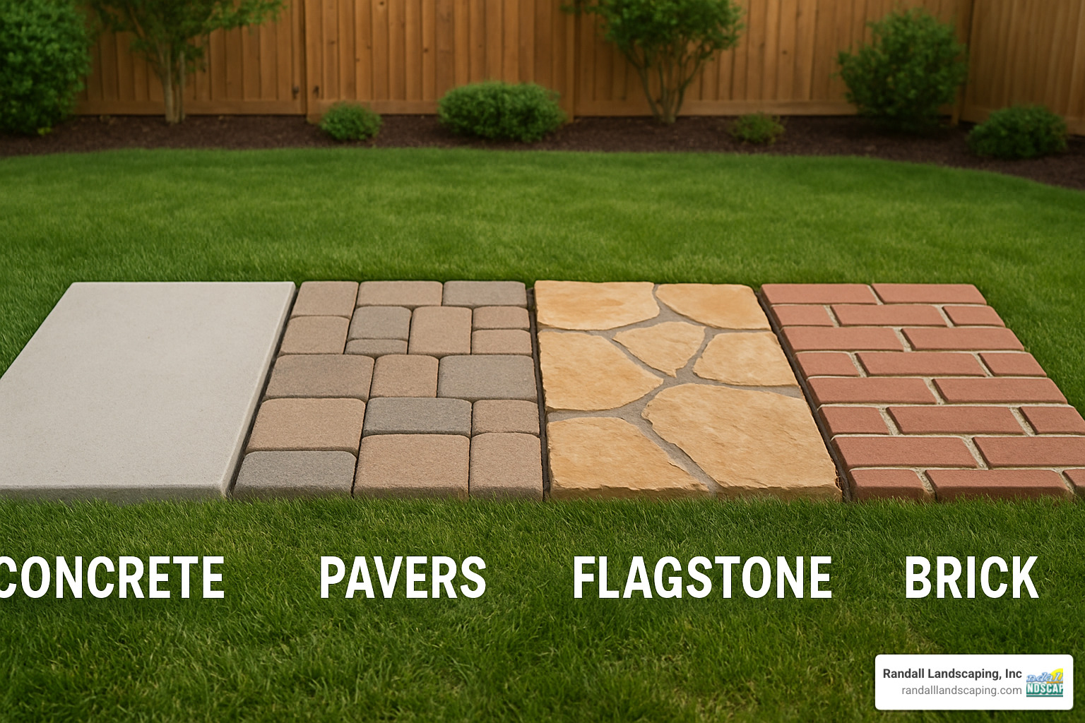 Different patio material options showing concrete, pavers, flagstone and brick - Backyard patio construction