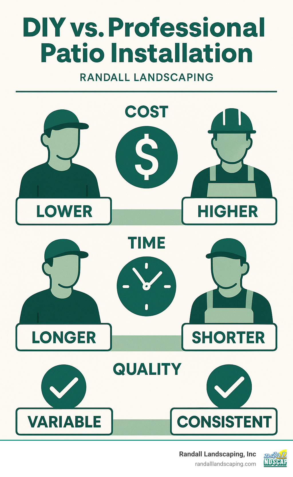 DIY vs professional patio installation comparison showing cost, time, and quality differences - Backyard patio construction infographic 