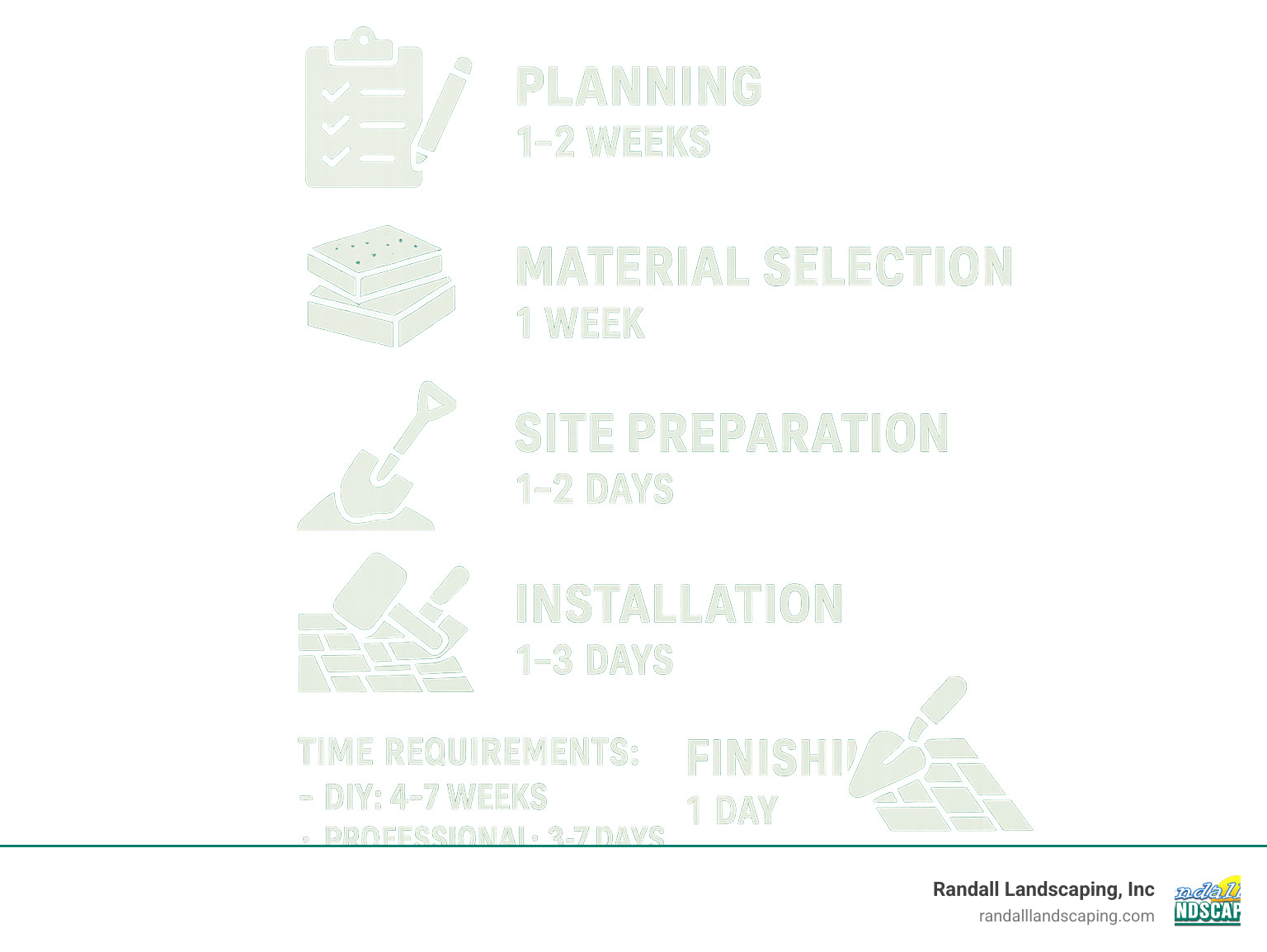 Backyard patio construction timeline showing the 5 key phases: Planning (1-2 weeks), Material selection (1 week), Site preparation (1-2 days), Installation (1-3 days), and Finishing (1 day), with estimated time requirements for DIY vs professional installation - Backyard patio construction infographic 