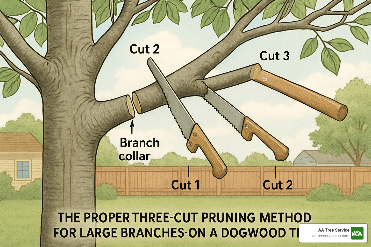 proper three-cut pruning method for large branches - trimming a dogwood tree