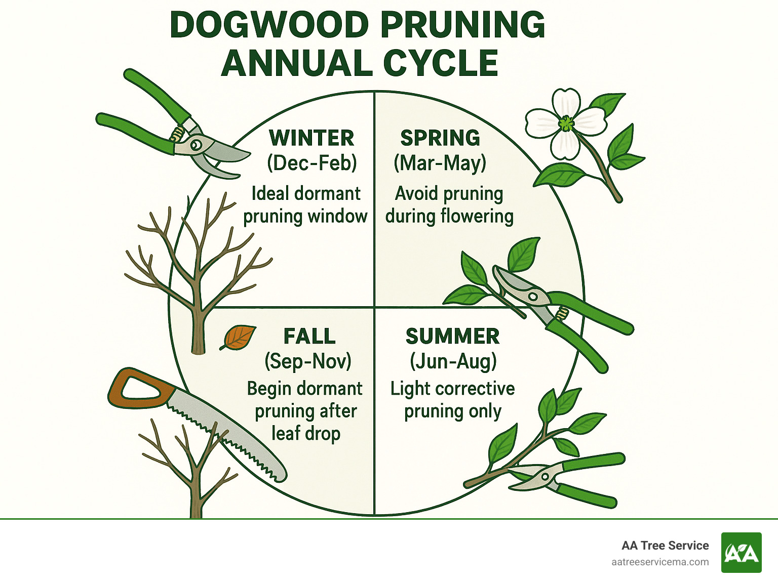 Dogwood pruning annual cycle showing: Winter (Dec-Feb): Ideal dormant pruning window; Spring (Mar-May): Avoid pruning during flowering; Summer (Jun-Aug): Light corrective pruning only; Fall (Sep-Nov): Begin dormant pruning after leaf drop; with small illustrations of each pruning activity and appropriate tools - trimming a dogwood tree infographic 