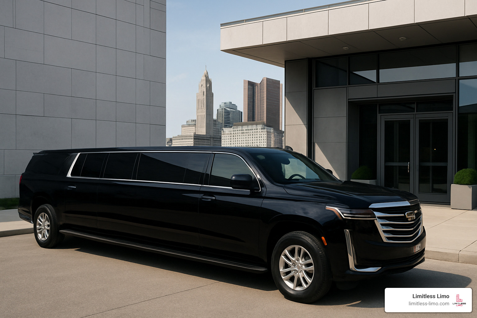Cadillac Escalade Stretch Limousine exterior - exotic limo rental near me