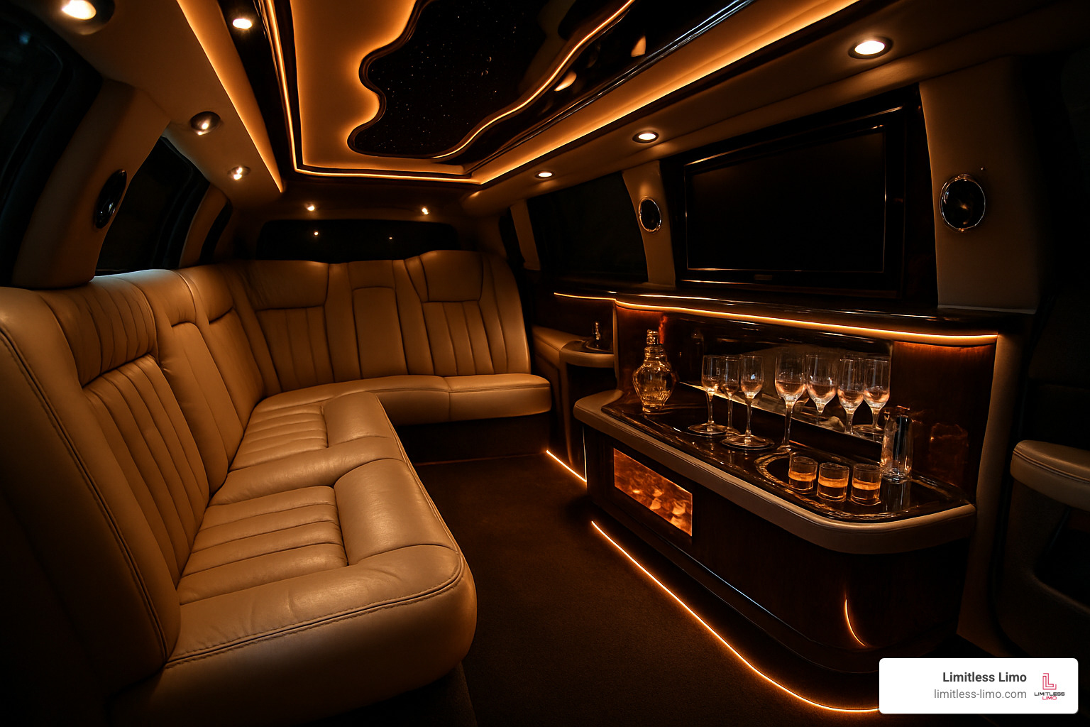 luxury limousine interior with LED lighting - exotic limo rental near me