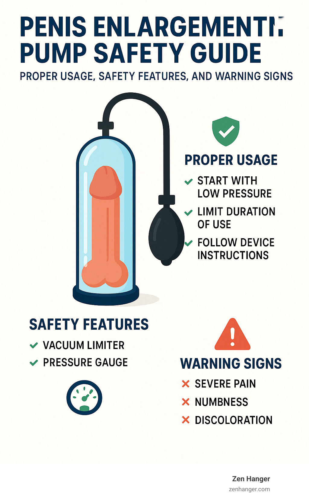 Penis enlargement pump safety guide showing proper usage, safety features, and warning signs - penis enlargement pump safety infographic