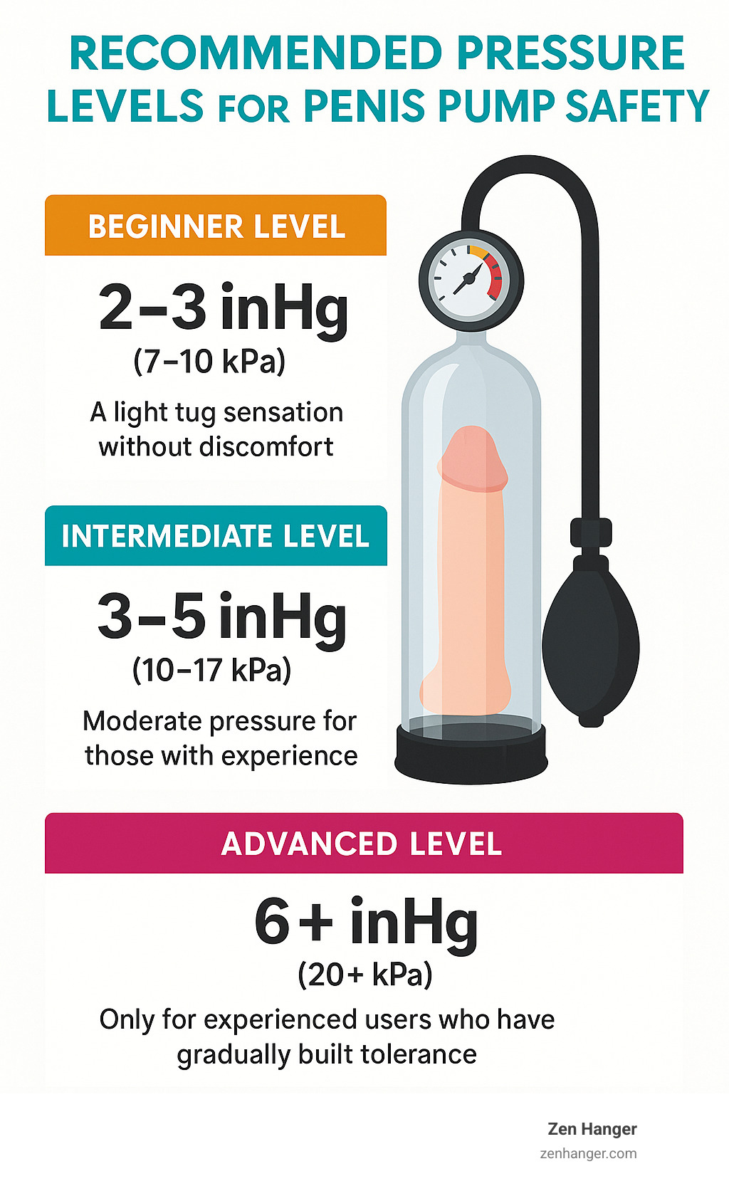 Recommended pressure levels for penis pump safety at different experience levels - penis enlargement pump safety infographic