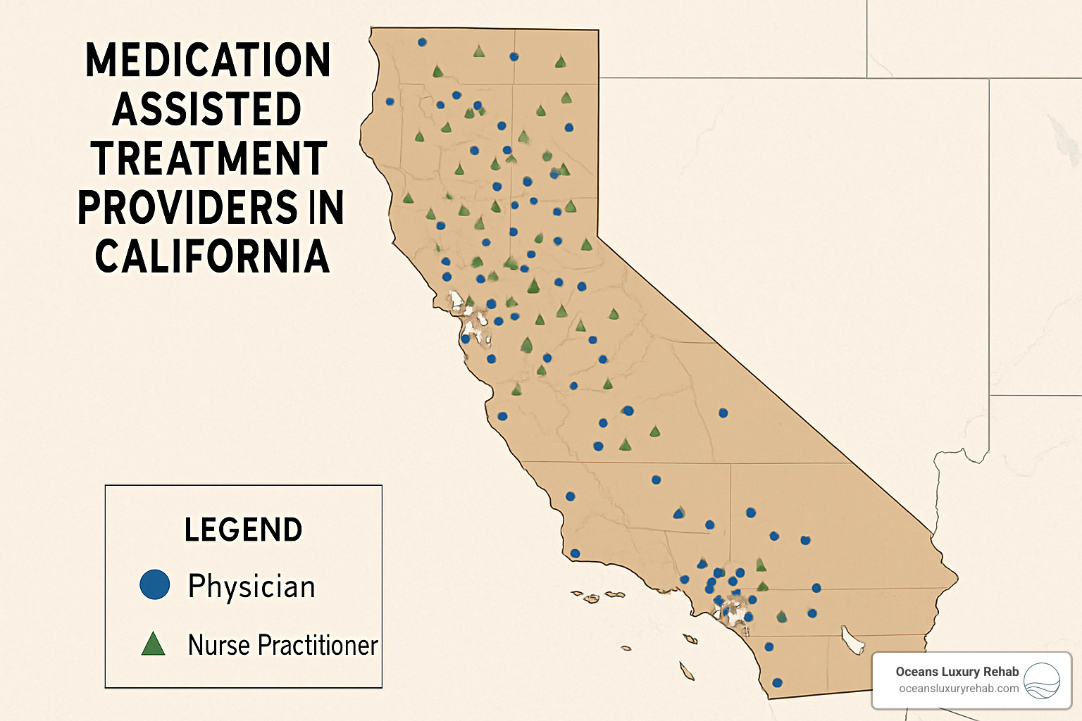 Map showing distribution of MAT providers in California with concentration of NPs in rural areas - nurse practitioners and medication assisted treatment in california