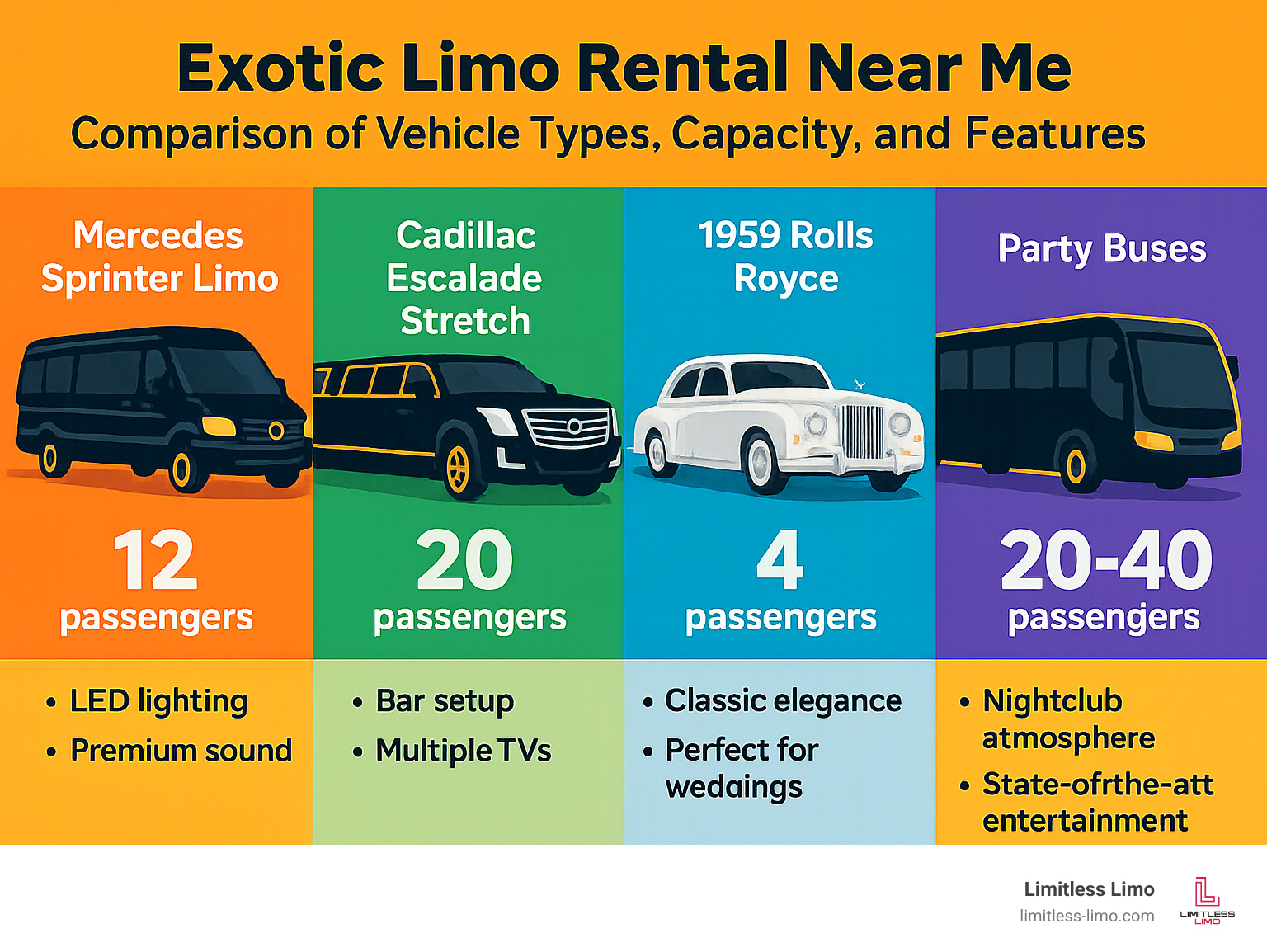 Exotic Limo Rental Near Me: Comparison of Vehicle Types, Capacity, and Features including Mercedes Sprinter Limo (12 passengers, LED lighting, premium sound), Cadillac Escalade Stretch (20 passengers, bar setup, multiple TVs), 1959 Rolls Royce (4 passengers, classic elegance, perfect for weddings), Party Buses (20-40 passengers, nightclub atmosphere, state-of-the-art entertainment) - exotic limo rental near me infographic 