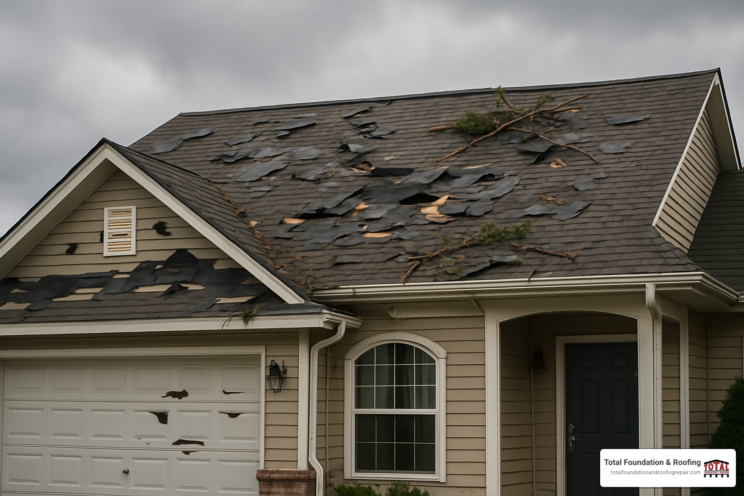 storm damaged roof with torn shingles - emergency roofers near me