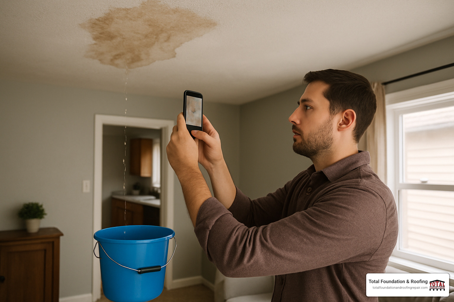 homeowner documenting roof damage with smartphone - emergency roofers near me