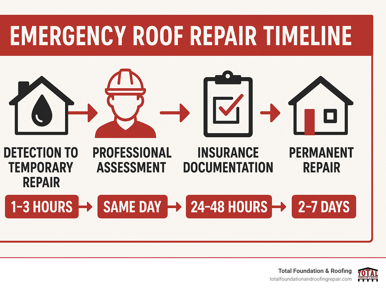 Emergency Roof Repair Timeline showing detection to temporary repair (1-3 hours), professional assessment (same day), insurance documentation (24-48 hours), and permanent repair (2-7 days) - emergency roofers near me infographic 