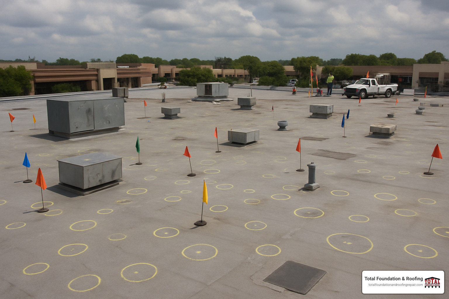 Commercial roof with visible storm damage markers and repair areas - commercial roofing Kerrville Commercial roof with visible storm damage markers and repair areas - commercial roofing Kerrville