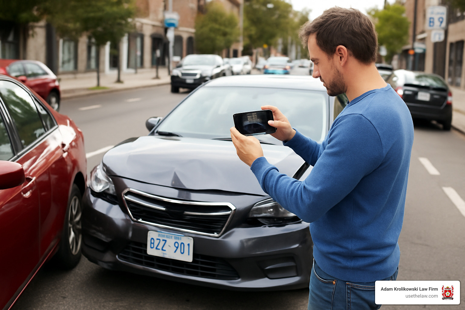 person taking photos of car accident scene with smartphone - lyft car accident