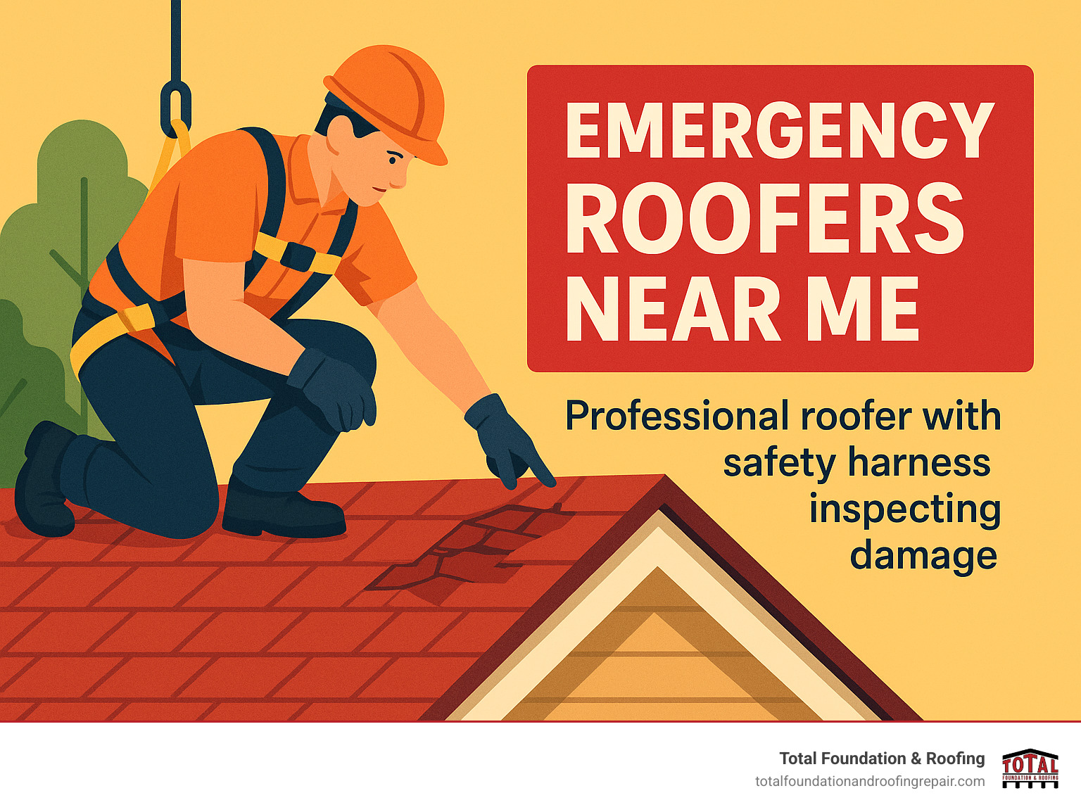 professional roofer with safety harness inspecting damage - emergency roofers near me - emergency roofers near me infographic 