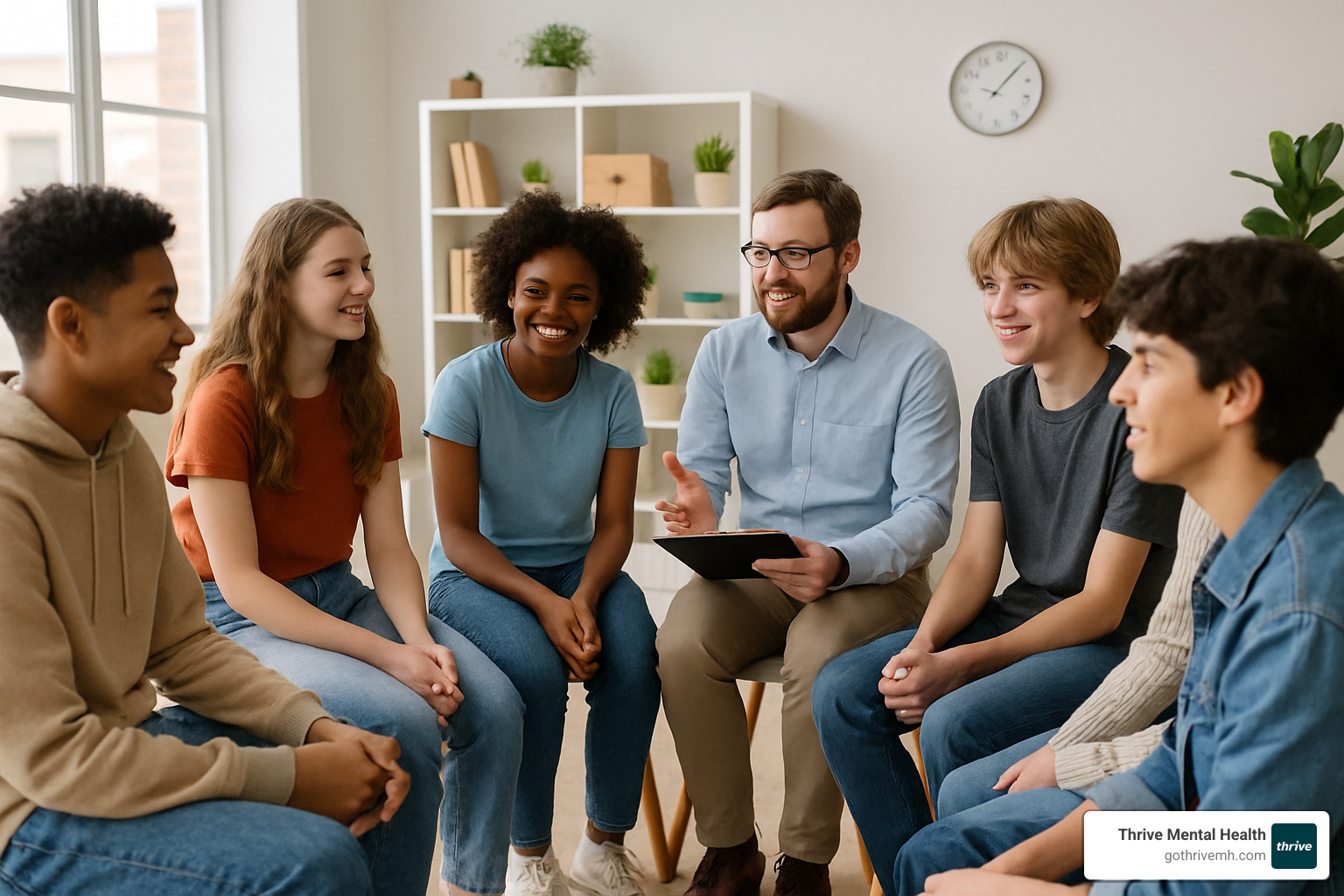 teens participating in group therapy session with therapist - adolescent intensive outpatient program mental health near me