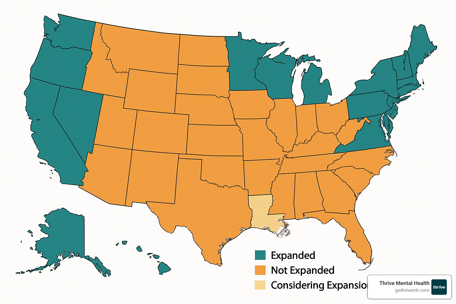 Map of the United States showing Medicaid expansion status by state - medicaid covered therapy