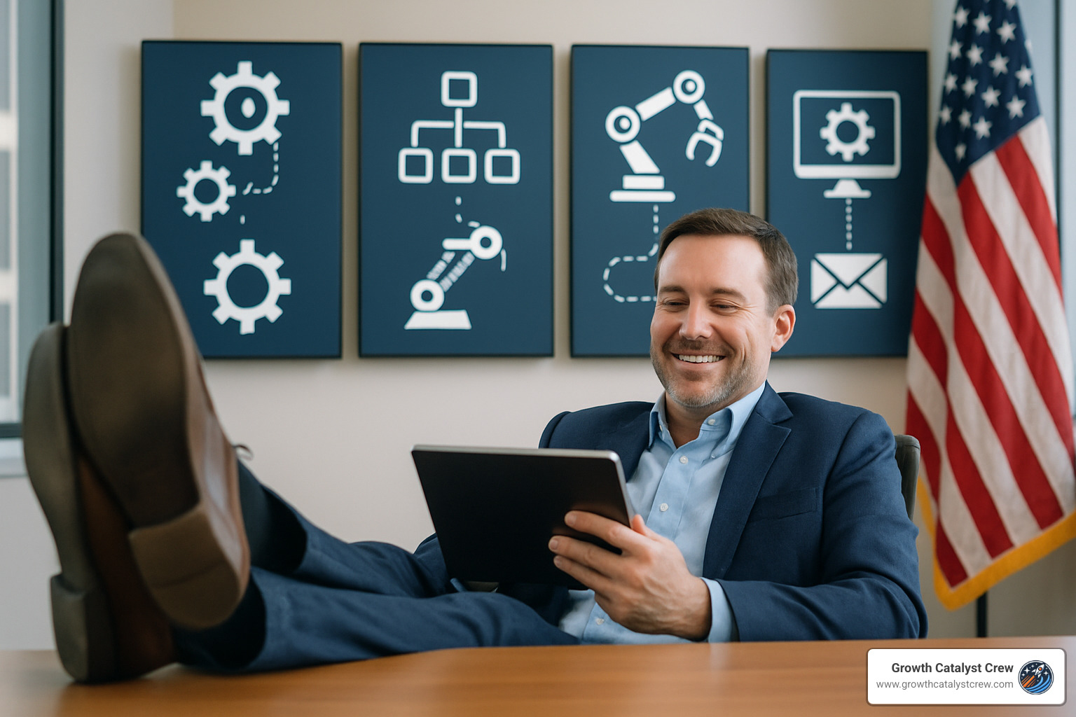 Business owner relaxing while automated systems handle operations - creating a business system