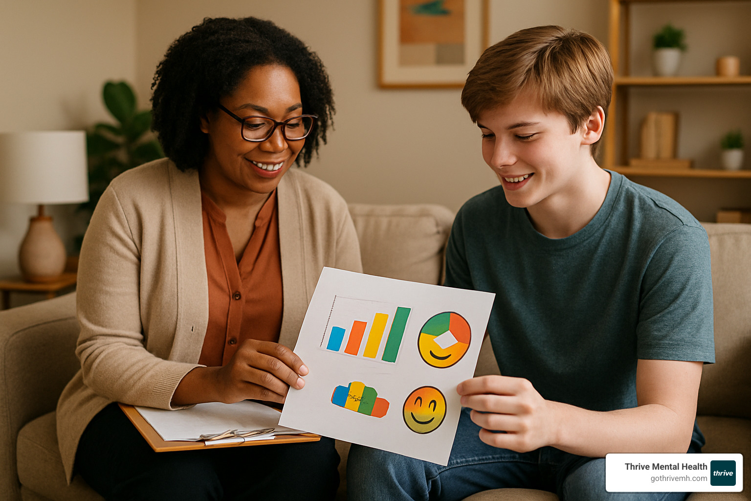 Therapist and teen reviewing progress together using charts and feedback tools - therapeutic activities for teens