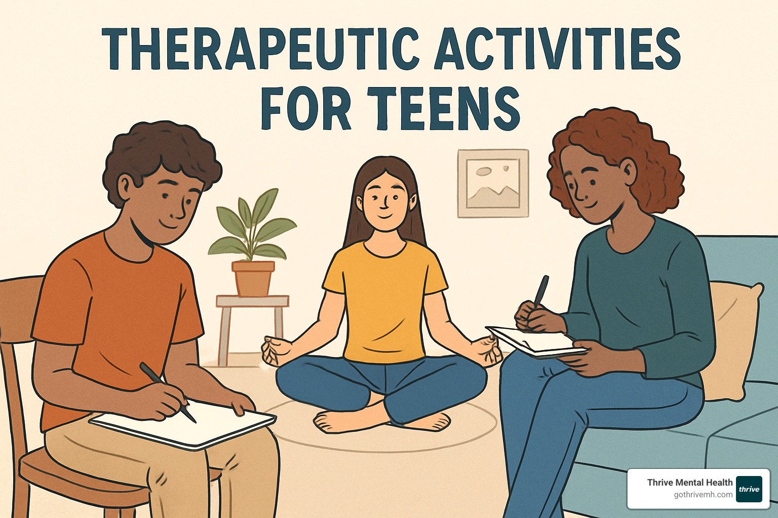 Teen using a biofeedback app to monitor breathing patterns during a therapy session - therapeutic activities for teens