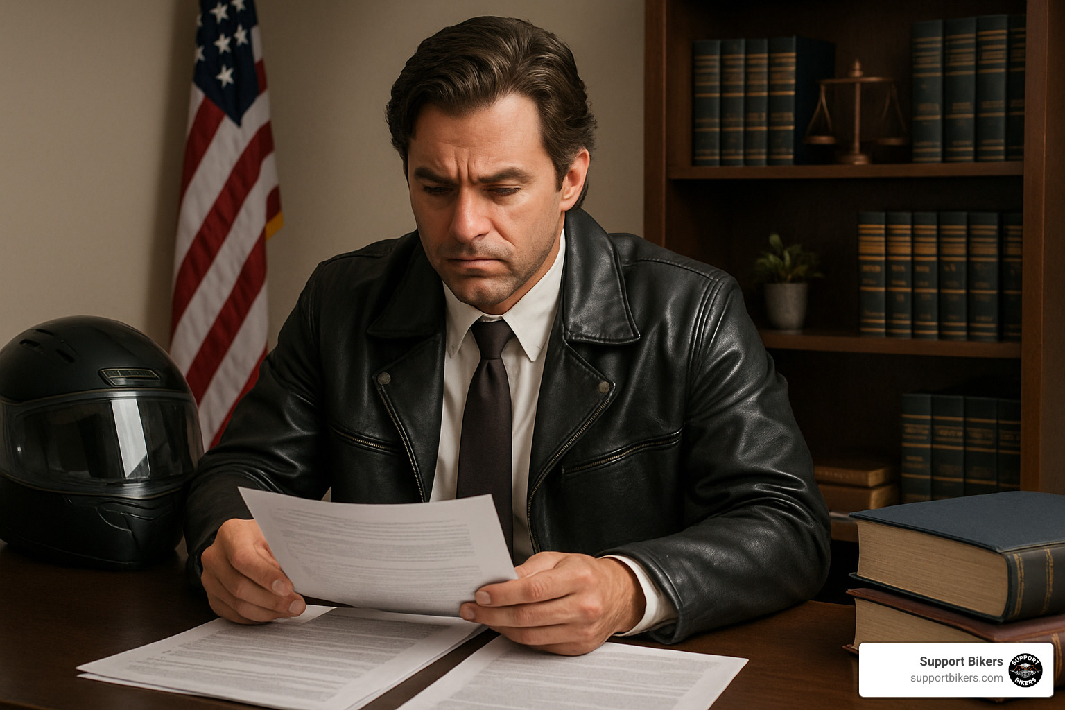 Lawyer in leather jacket reviewing motorcycle accident case - biker accident legal services