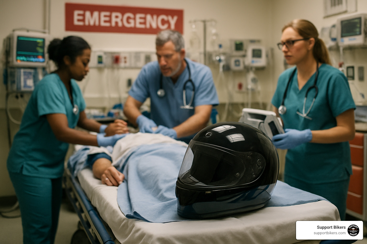 Emergency room with motorcycle helmet on gurney - biker accident legal services