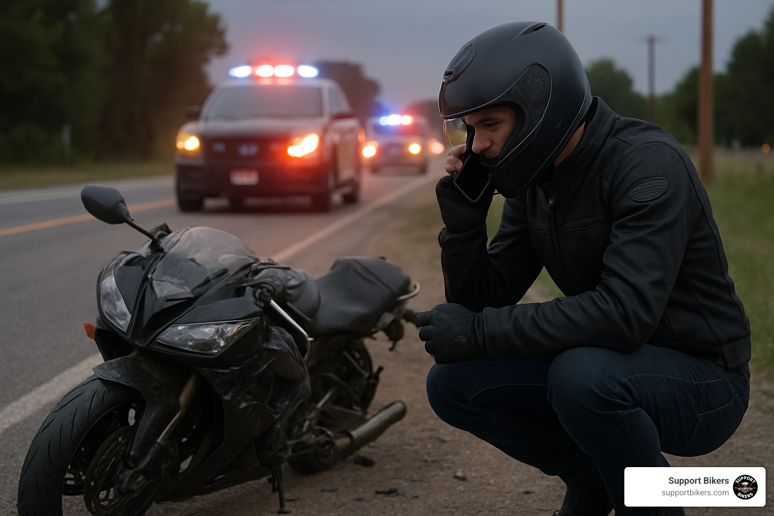Motorcycle rider calling 911 at roadside after accident - biker accident legal services