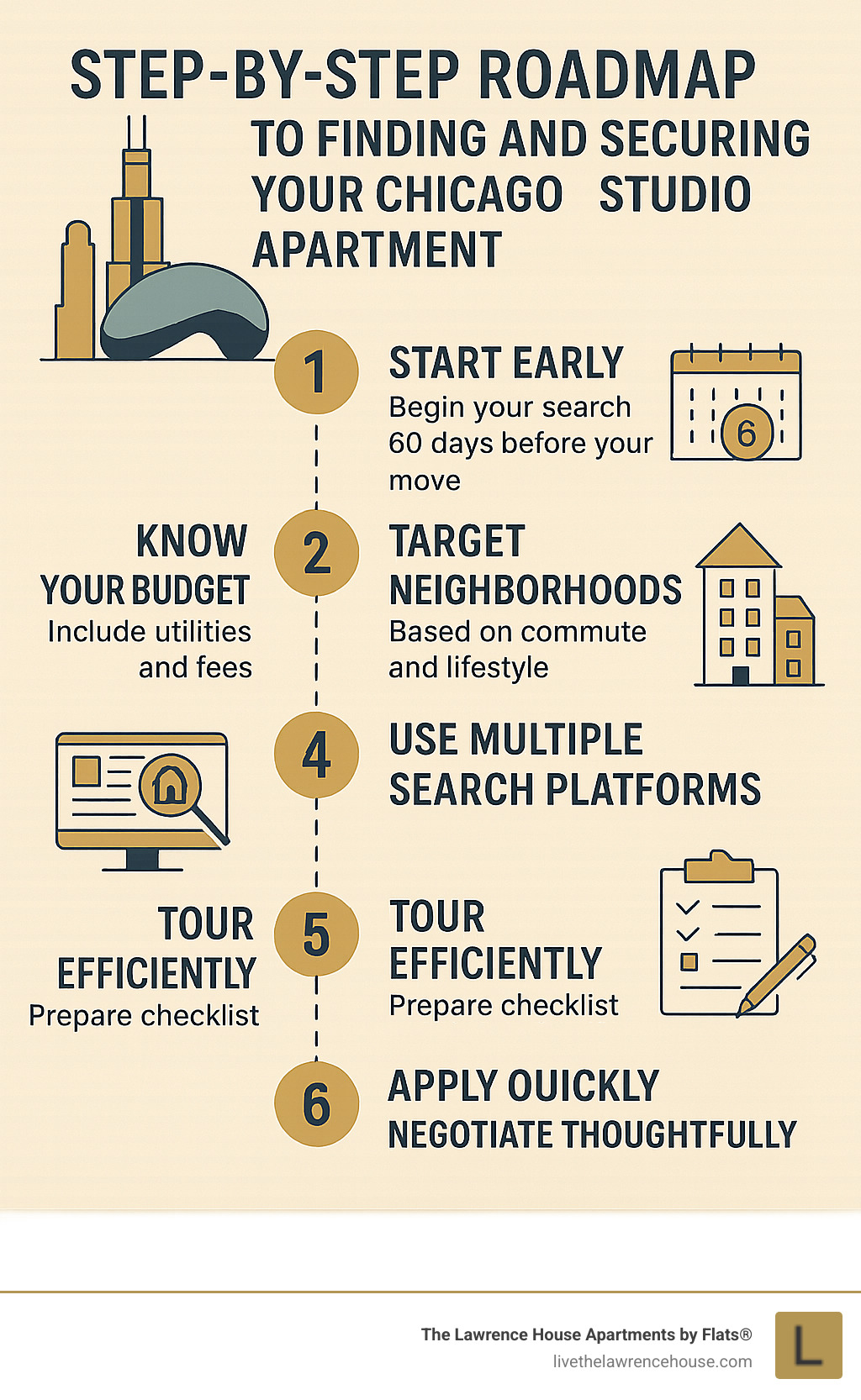 Step-by-step roadmap to finding and securing your Chicago studio apartment - how to find a studio apartment in chicago infographic 