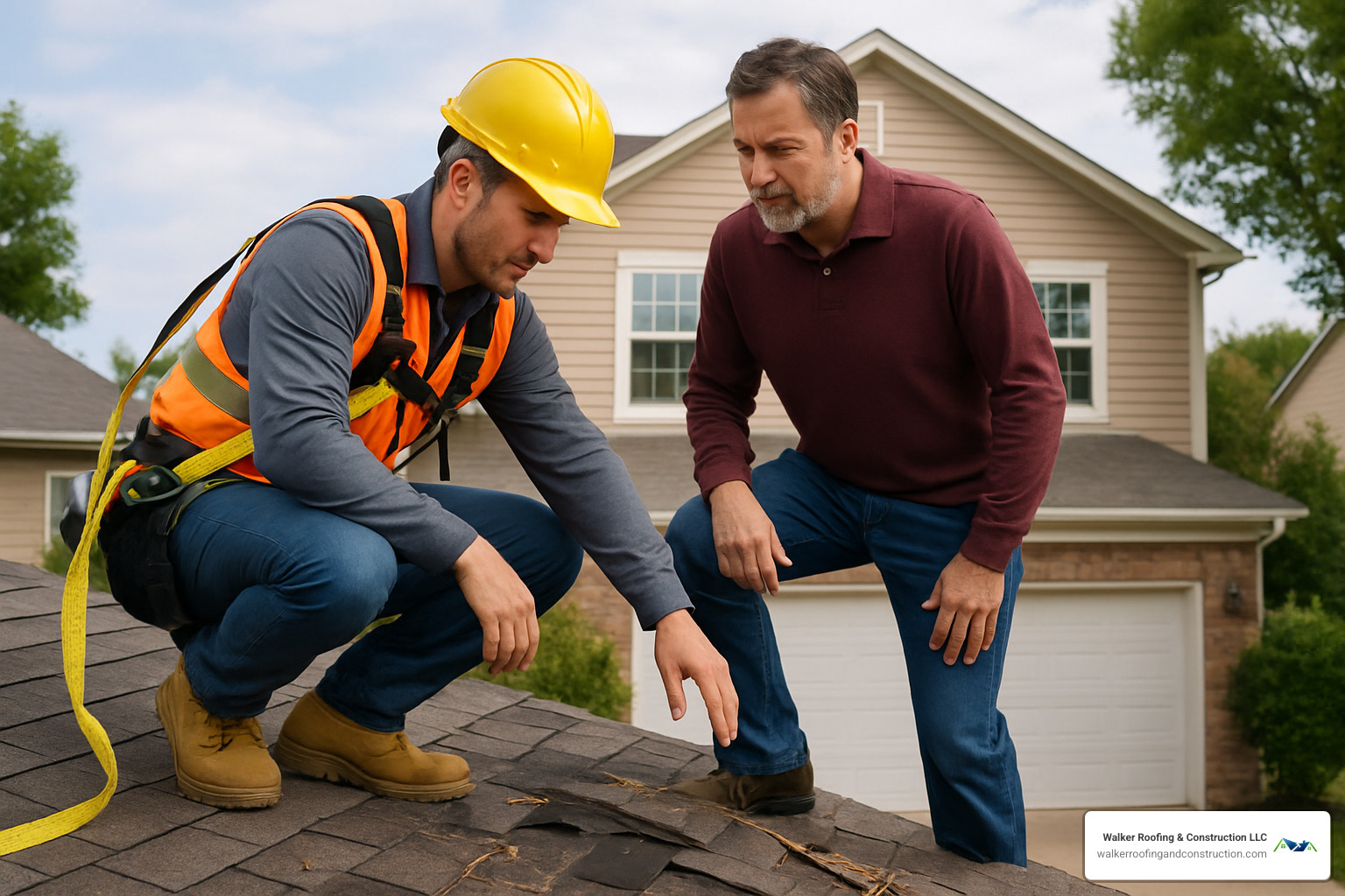 Professional roofer inspecting storm damage with a homeowner - insurance claims roofing