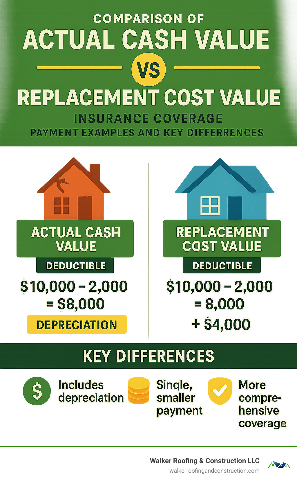 Comparison of Actual Cash Value vs Replacement Cost Value insurance coverage showing payment examples and key differences - insurance claims roofing infographic