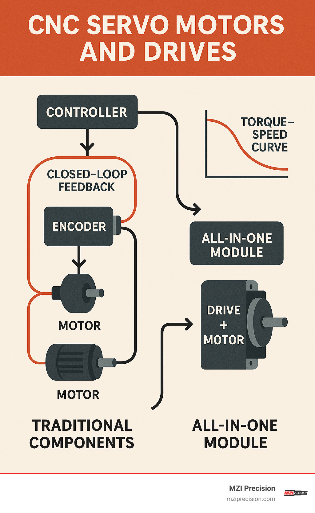 Comparison of CNC servo motor and drive systems showing closed-loop feedback paths, torque-speed curves, and integration options between traditional separate components and all-in-one modules. The diagram highlights how encoder feedback creates the closed loop that enables precise position control, with arrows showing signal flow between motor, drive, encoder and controller components. - cnc servo motors and drives infographic