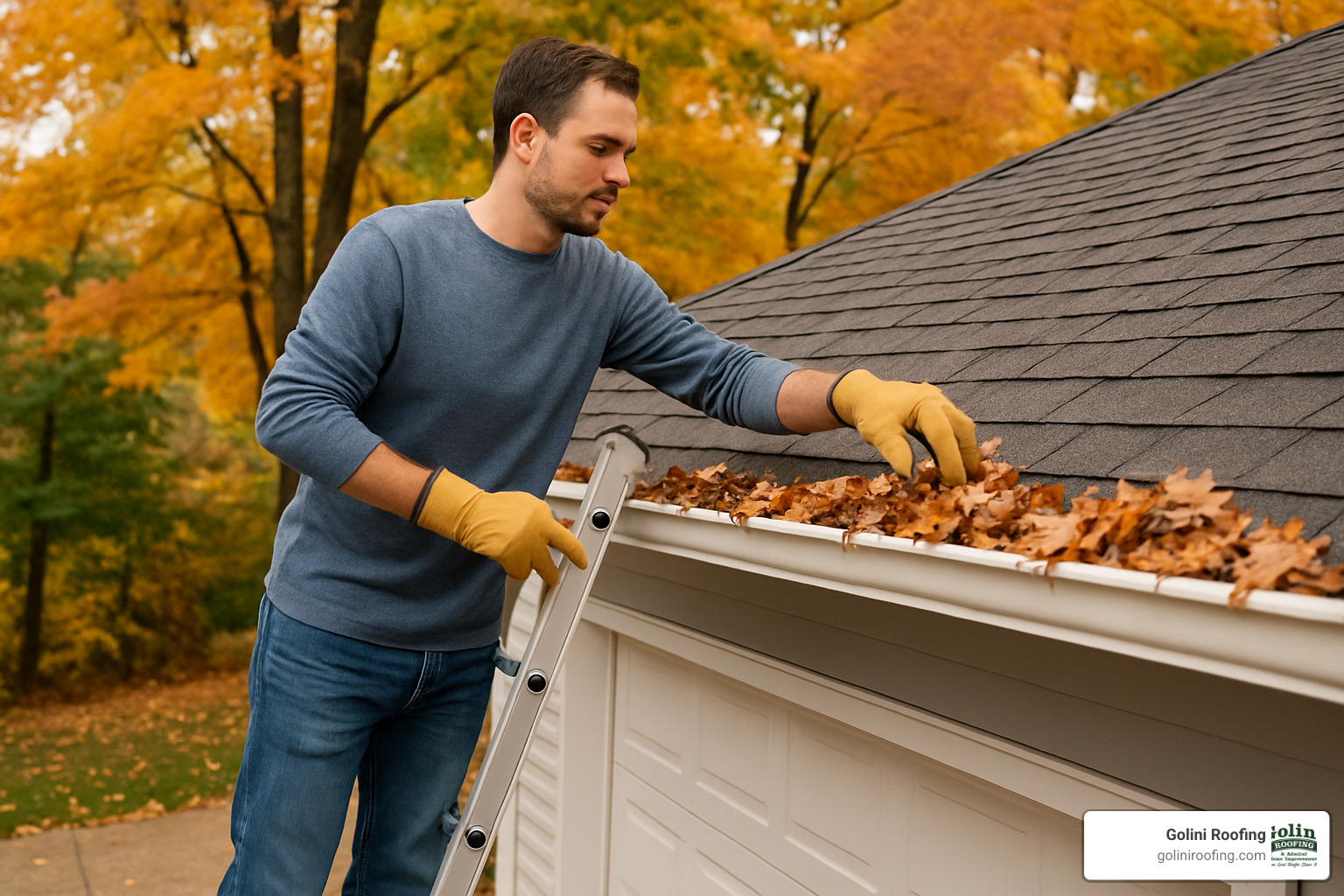 homeowner cleaning gutters on garage roof - garage roof repairs ipswich