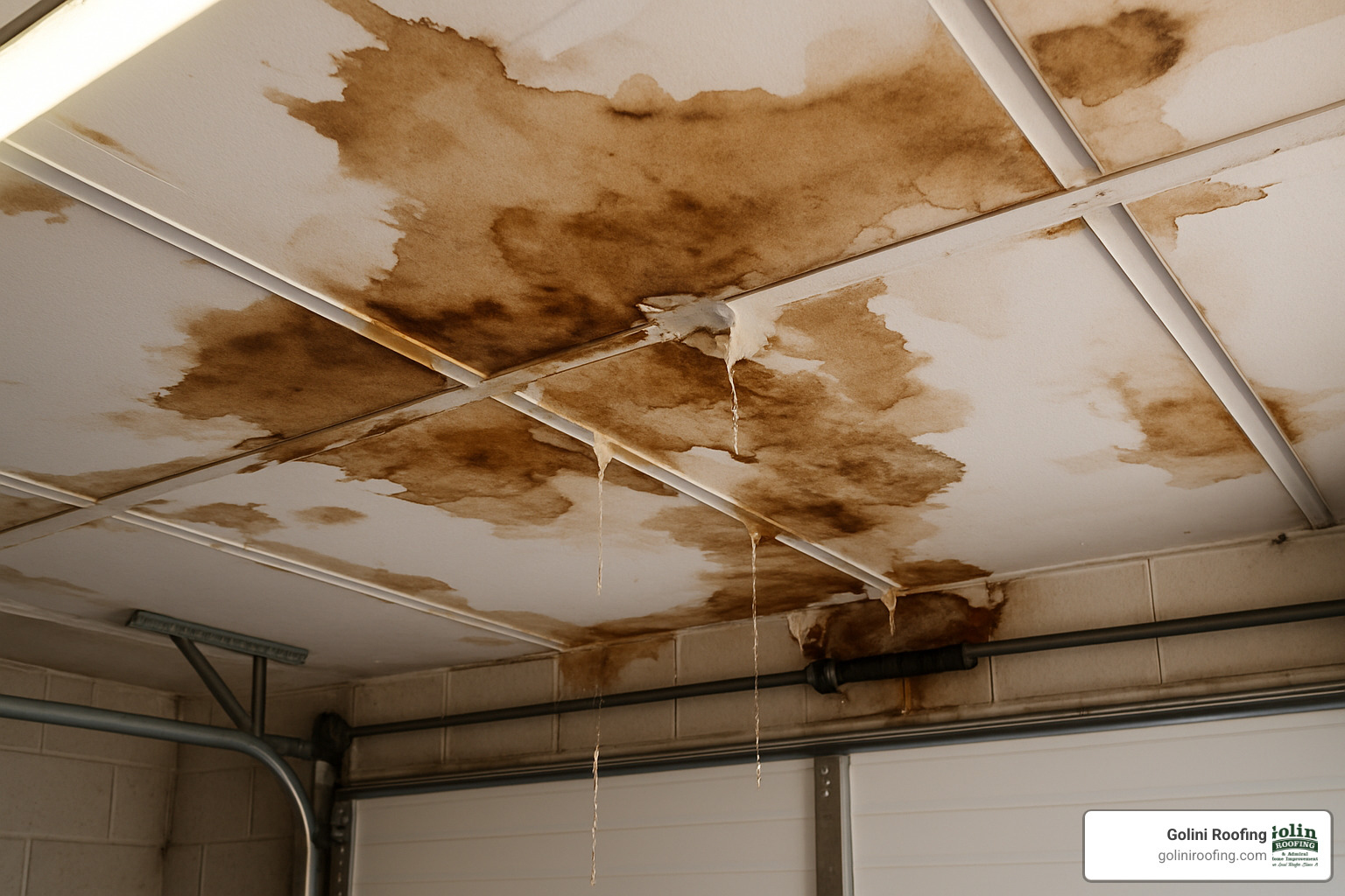 water damaged garage ceiling with visible leaks - garage roof repairs ipswich