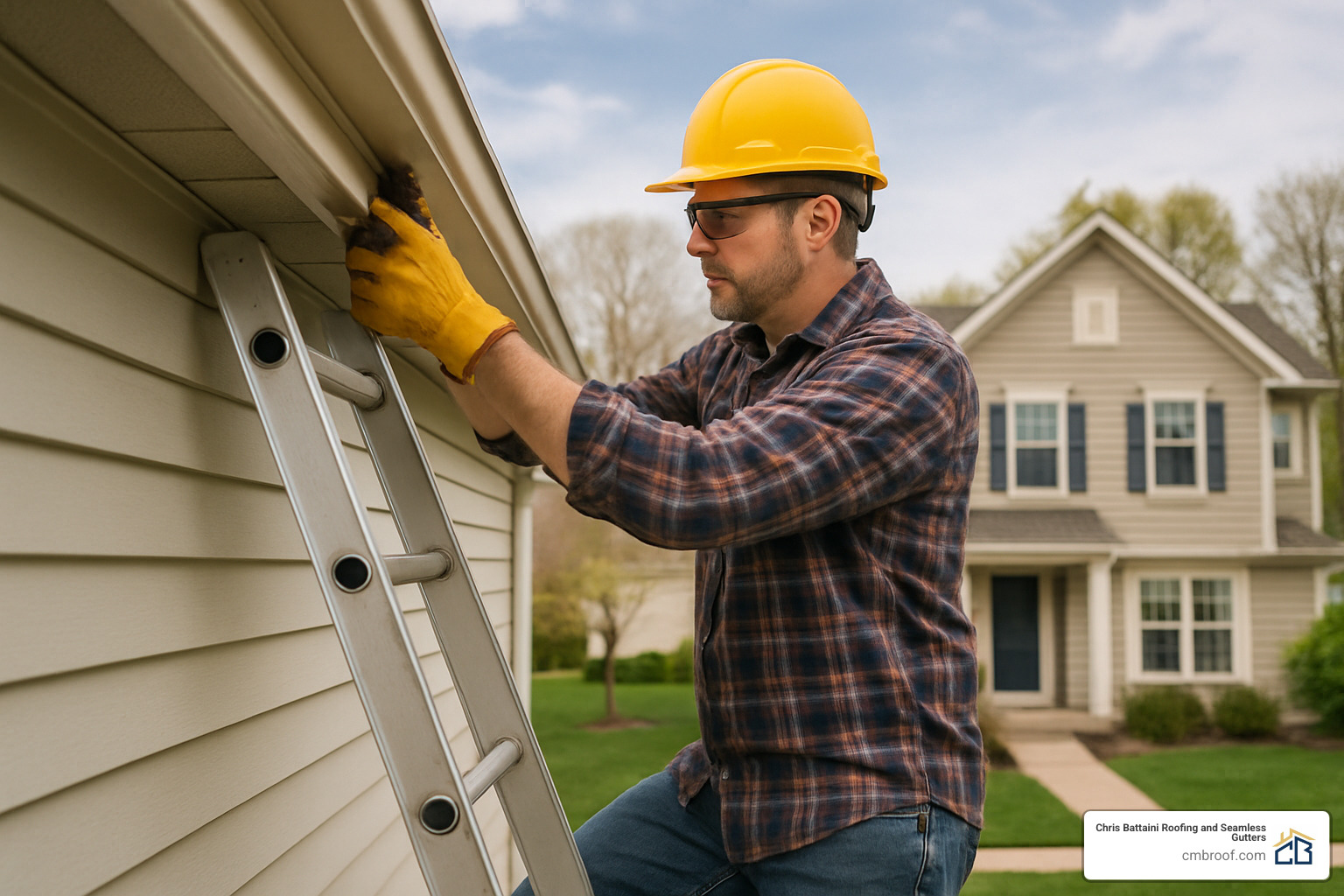 homeowner cleaning gutters - residential roof replacement service