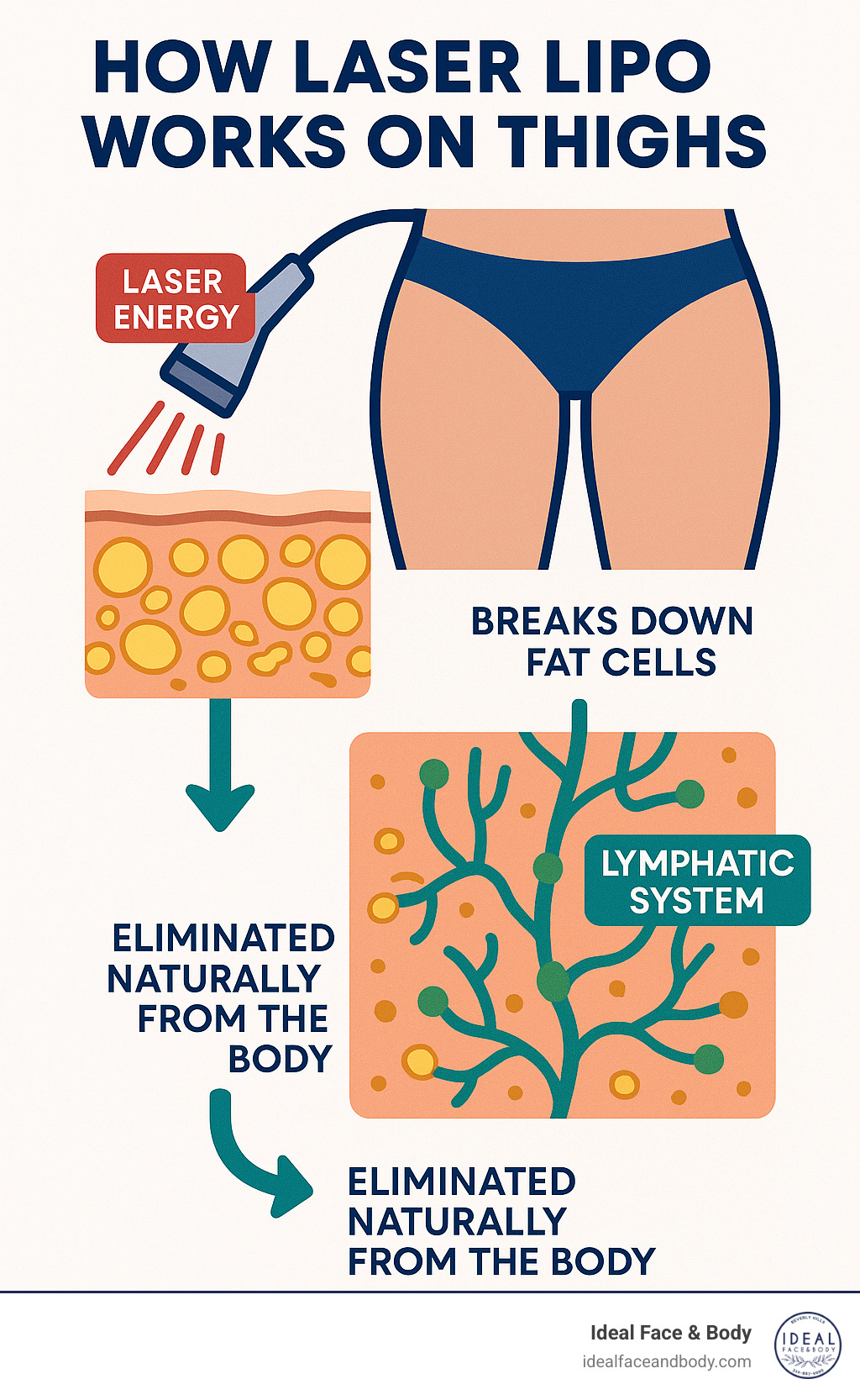 How laser lipo works on thighs: showing the process of laser energy breaking down fat cells, which are then processed through the lymphatic system and eliminated naturally from the body - does laser lipo work on thighs infographic 