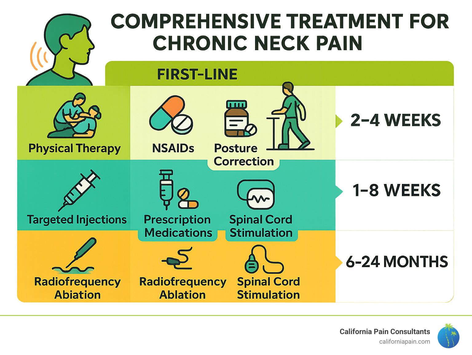 Comprehensive treatment approach for chronic neck pain showing first-line treatments (physical therapy, NSAIDs, posture correction), second-line treatments (targeted injections, prescription medications), and advanced options (radiofrequency ablation, spinal cord stimulation) with expected timelines for relief - what is the best treatment for chronic neck pain infographic 