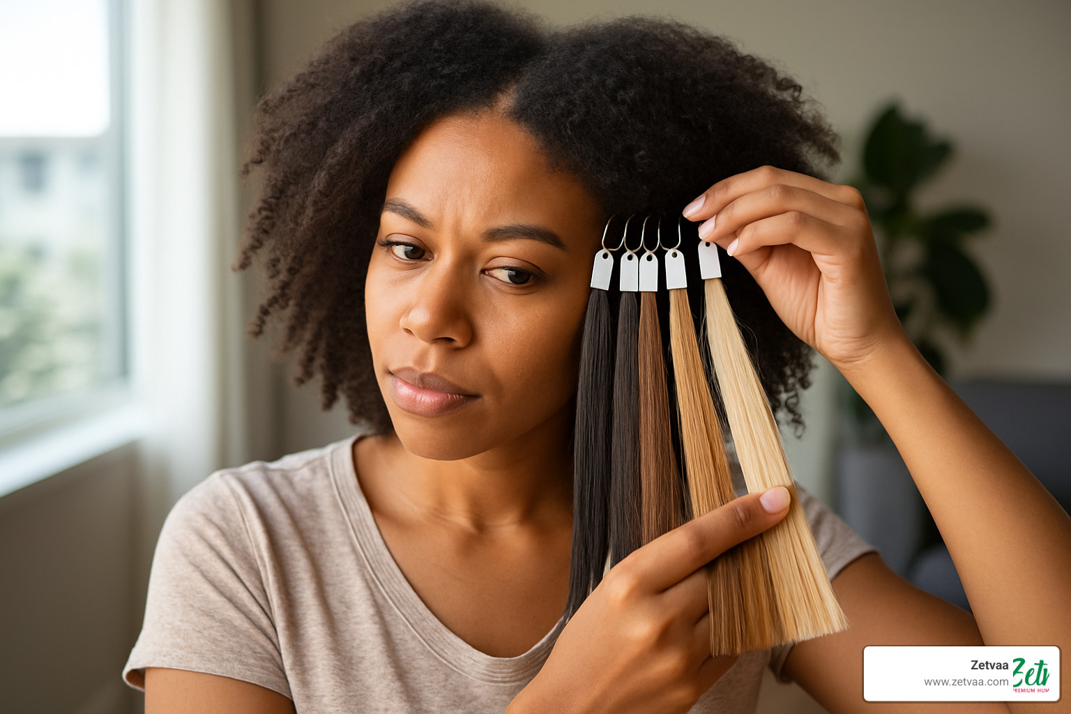 woman comparing hair extension color swatches to her natural hair - Human Hair Extensions