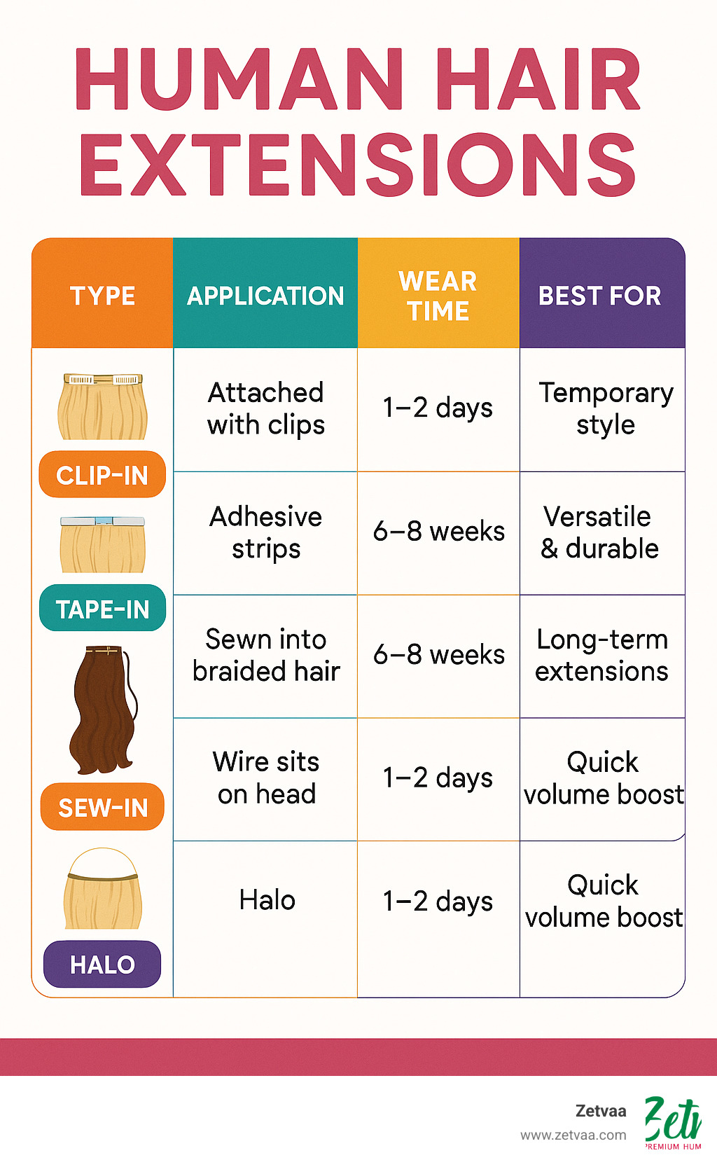Comprehensive comparison of human hair extension types showing application methods, wear time, maintenance requirements, and best uses for each type - Human Hair Extensions infographic 