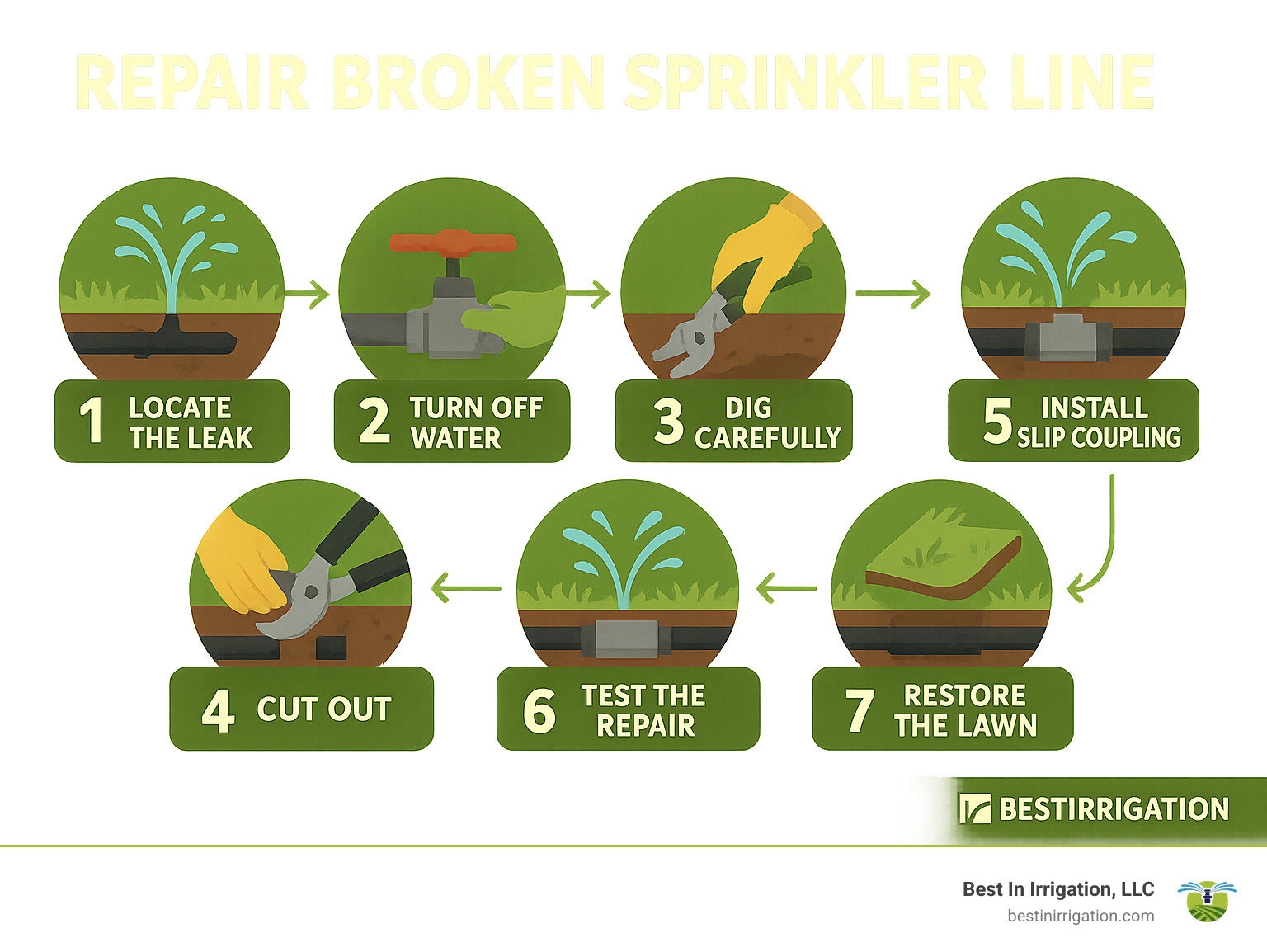 8fb251cd87c25e96b3b14561326f98ff2d716047 Line Up Your Repairs: Fixing a Broken Sprinkler Line Step-by-step guide showing the process of repairing a broken sprinkler line, including locating the leak, shutting off water, digging carefully, cutting the damaged section, installing a slip coupling, testing the repair, and restoring the lawn - repair broken sprinkler line infographic