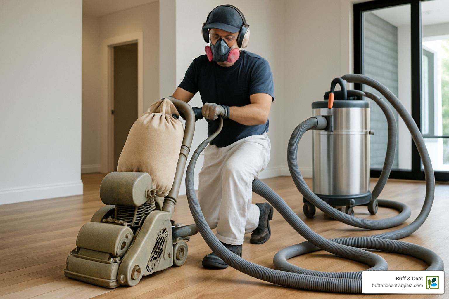 technician using connected sander for dust free refinishing - dust-free floor refinishing