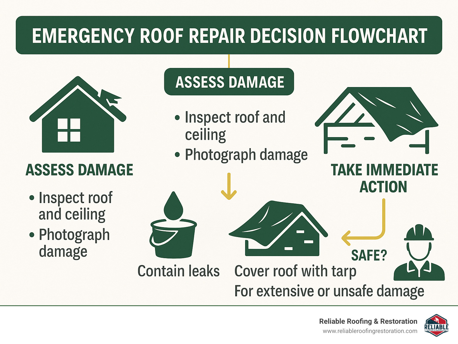 Emergency roof repair decision flowchart showing assessment steps, immediate actions, and when to call professionals - emergency roof repair harris county infographic Emergency roof repair decision flowchart showing assessment steps, immediate actions, and when to call professionals - emergency roof repair harris county infographic