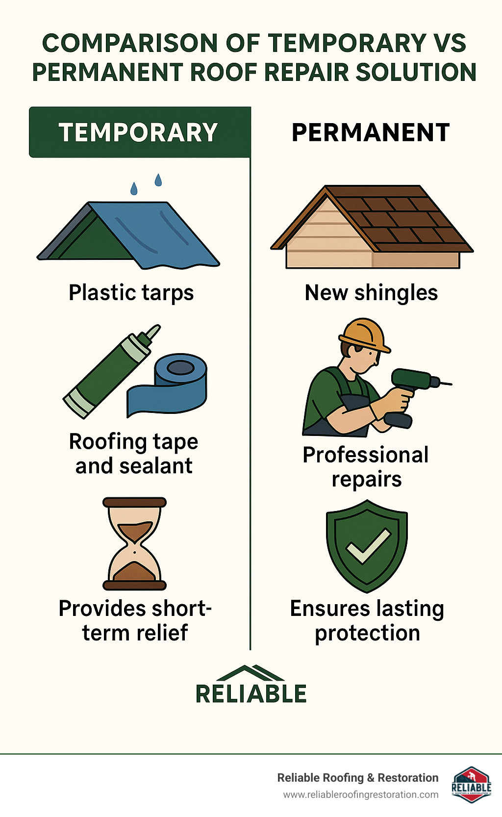 Comparison of temporary vs permanent roof repair solutions - emergency roof repair harris county infographic Comparison of temporary vs permanent roof repair solutions - emergency roof repair harris county infographic