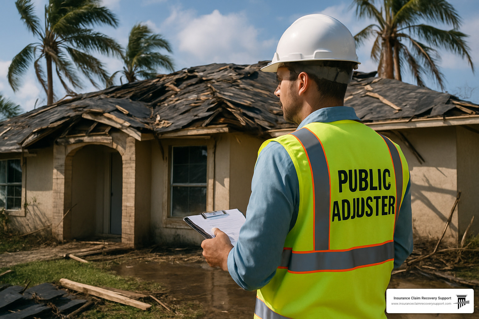 Florida public adjuster inspecting hurricane damage - Florida public adjuster salary