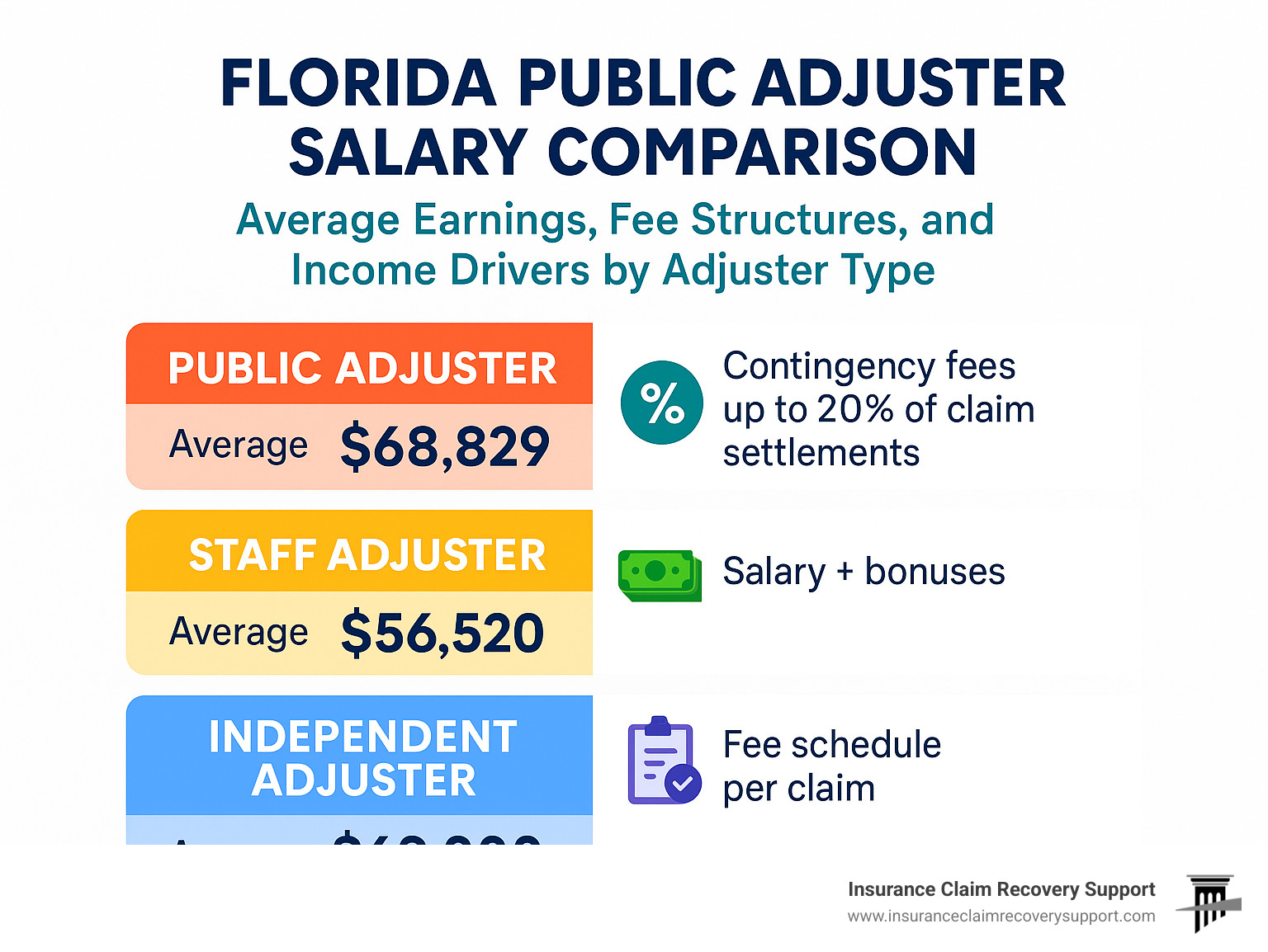Florida public adjuster salary comparison showing average earnings, fee structures, and income drivers by adjuster type, with public adjusters earning contingency fees up to 20% of claim settlements compared to salaried staff adjusters - Florida public adjuster salary infographic 
