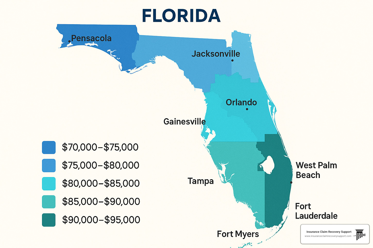 Florida public adjuster salary map showing regional variations - Florida public adjuster salary