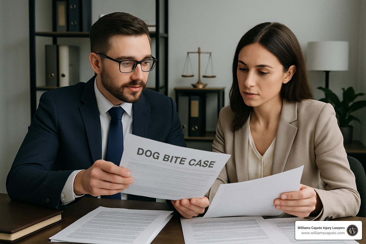 Attorney reviewing dog bite case files with client - what is the one bite law for dogs