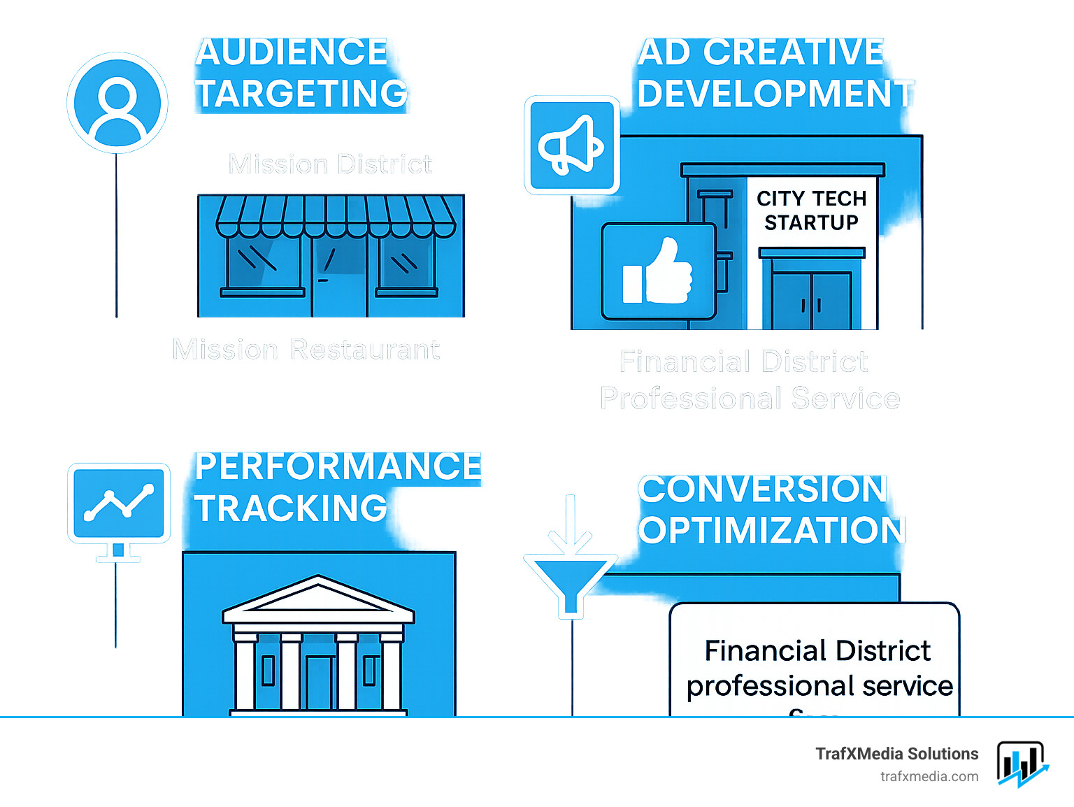 Facebook marketing agency services in San Francisco showing audience targeting, ad creative development, campaign management, performance tracking, and conversion optimization with examples of successful local campaigns - Facebook marketing agency San Francisco infographic 