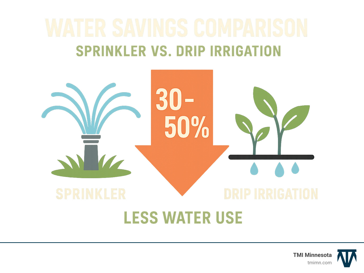 Water savings comparison between traditional sprinklers and drip irrigation systems showing 30-50% water reduction with drip systems - Xeriscape landscaping ideas infographic 